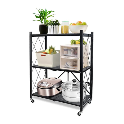 Multi-Layer Home Metal Mobile Stackable Storage Foldable Shelving Medium Duty Kitchen Collapsible Folding Shelf Shelves