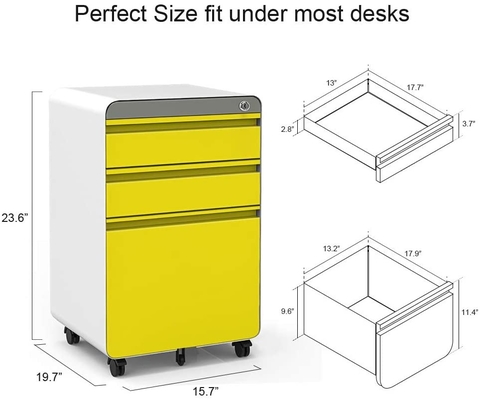 Round Edge 3 Drawer Metal Mobile File Cabinets With Lock