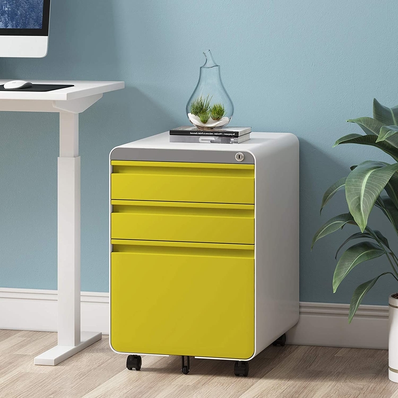 Round Edge 3 Drawer Metal Mobile File Cabinets With Lock