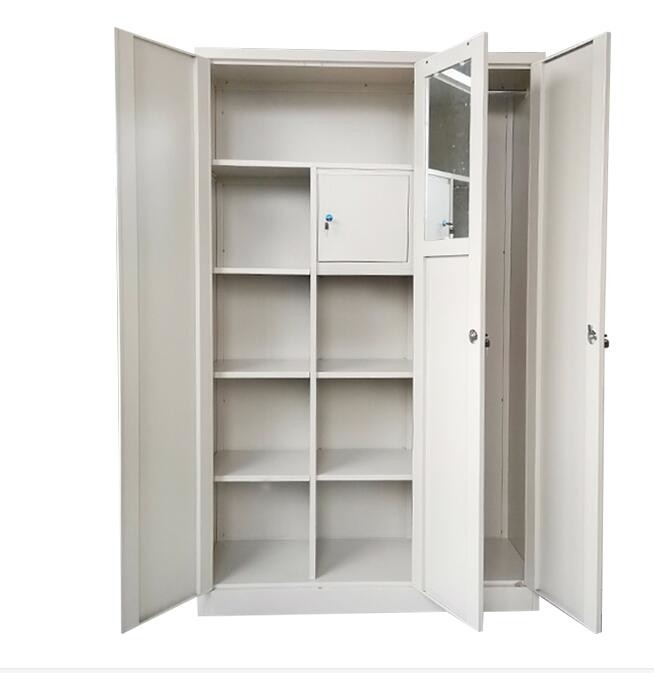 Beige Bedroom Clothes Storage Cabinet 3 Door Steel Armoire Closet
